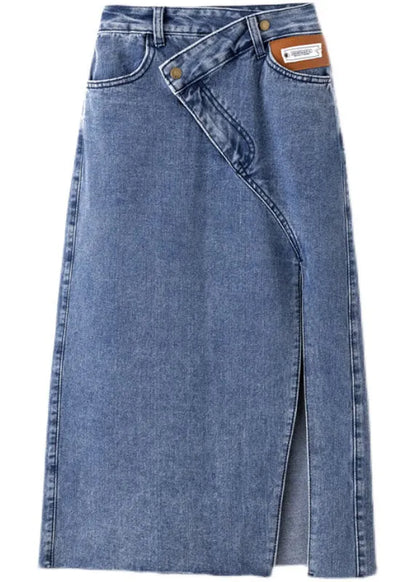 Style Denim Light Blue High Waist Side Open Button Asymmetrical Pockets Cotton a Line Skirts Summer