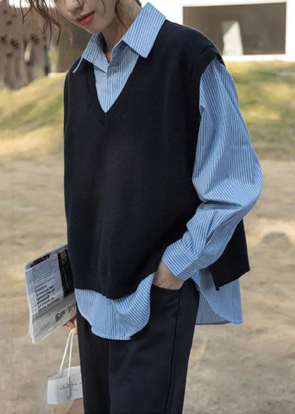 Loose Black Waistcoat and Blue Blouses Patchwork Two Pieces Set Fall