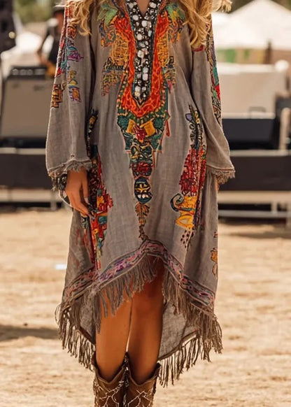 Grey V Neck Tassel Print Dress Spring