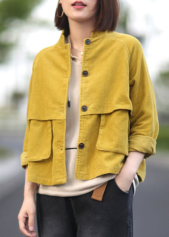 Yellow Stand Collar Patchwork Button Corduroy Coats Spring