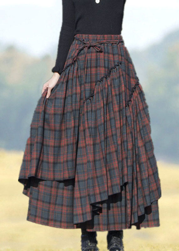 Blue Red Plaid Patchwork Wrinkled Tie Waist Maxi Skirts
