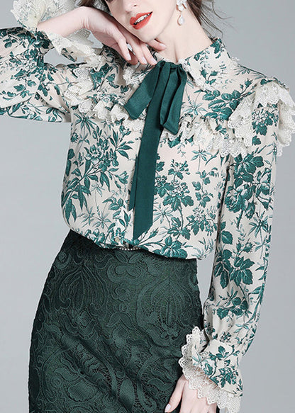Green Peter Pan Collar Print Button Silk Shirt Long Sleeve