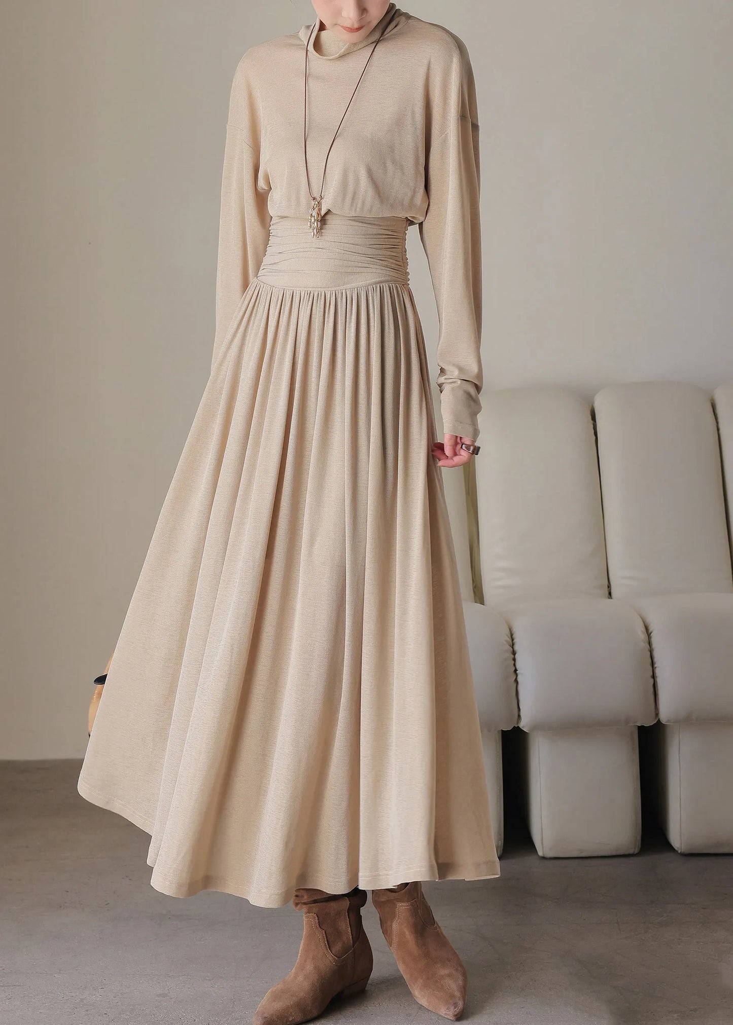 Loose Light Khaki Turtle Neck Tunic Long Dress Spring