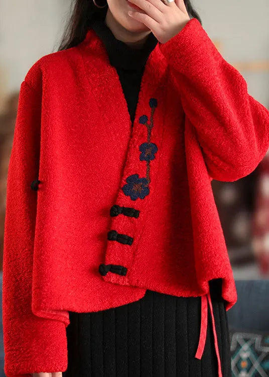 Stylish Red Button Embroideried Woolen Coats Spring