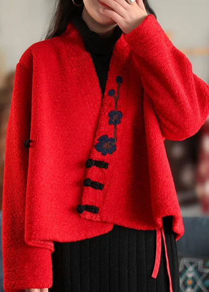 Stylish Red Button Embroideried Woolen Coats Spring