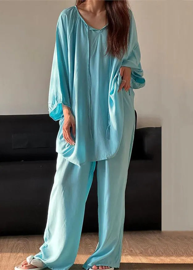Simple Blue O Neck Lace Up Cotton Pajamas Two Piece Set Fall