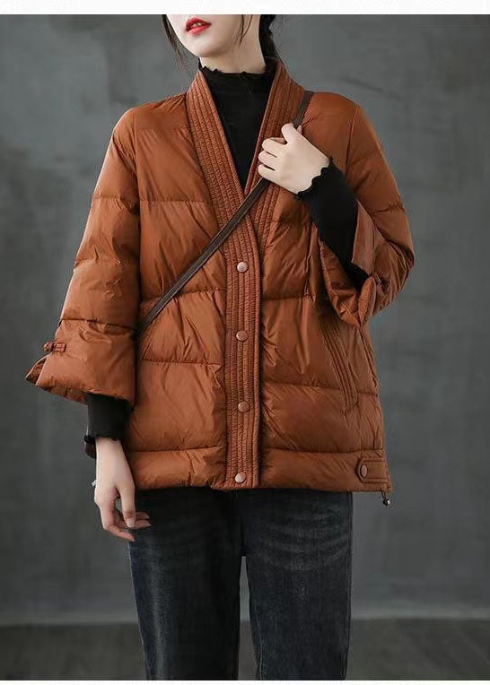 Caramel V Neck Button Thick Winter Jackets
