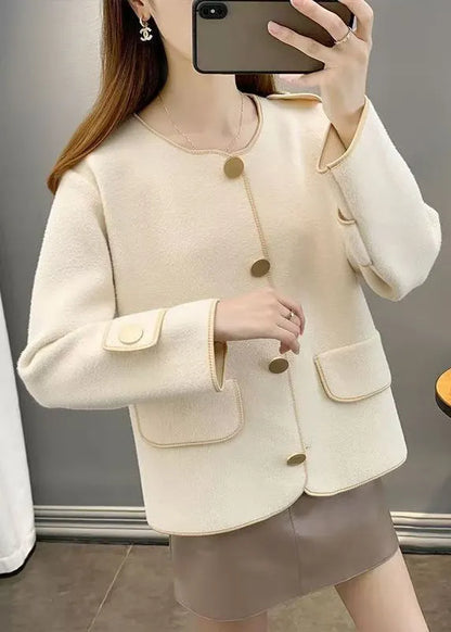 Beige O Neck Pockets Woolen Short Coat Fall