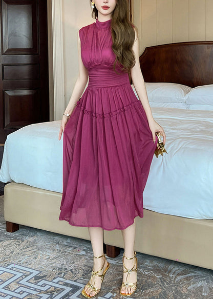 Purple Stand Collar High Waist Chiffon Holiday Maxi Dress Sleeveless