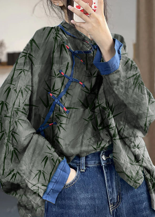 Loose Gray Bamboo Button Print Patchwork Cotton Shirts Long Sleeve