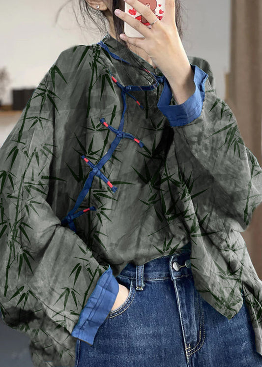 Loose Gray Bamboo Button Print Patchwork Cotton Shirts Long Sleeve