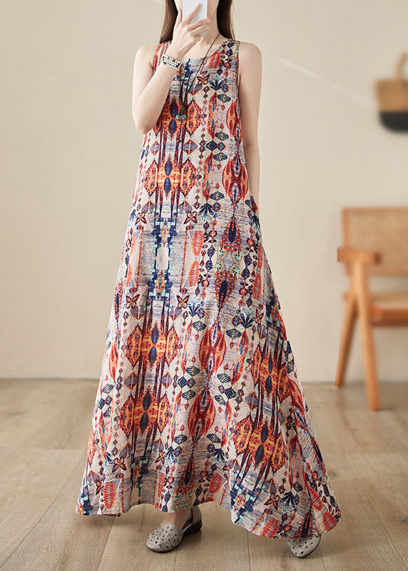 Orange Print Cozy Long Dresses Sleeveless