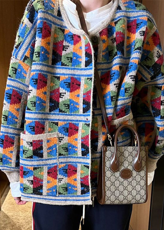 Jacquard Plaid Pockets Patchwork Knit Coat Fall