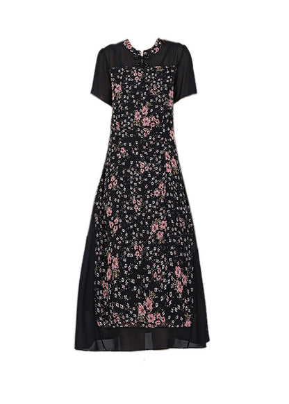Unique Black O-neck Print Button Tulle Long Dress Short Sleeve