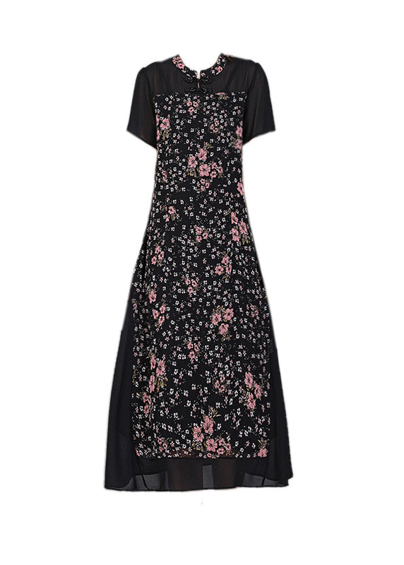 Unique Black O-neck Print Button Tulle Long Dress Short Sleeve