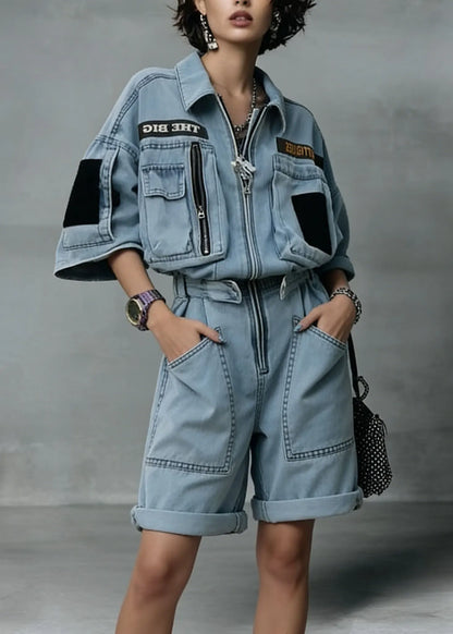 New Blue Zip Up Pockets Patchwork Denim Jumpsuit Summer