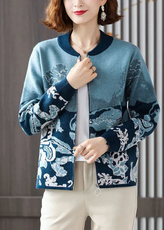 Modern Blue O-neck Zip Up Print Knit Jackets Long Sleeve