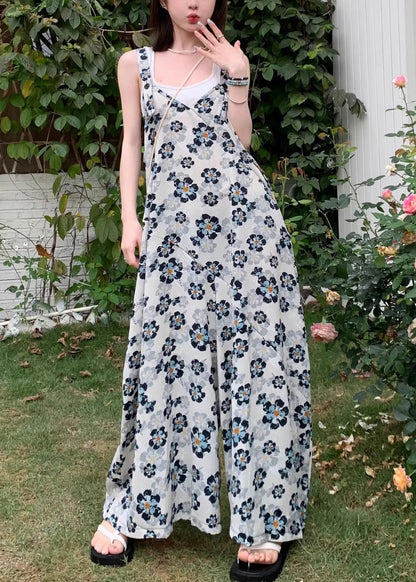 New Blue V Neck Print High Waist Cotton Jumpsuits Sleeveless