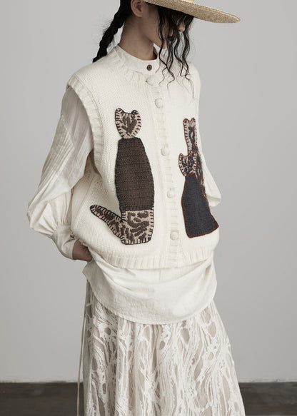 White Embroideried Wool Knit Vests Spring