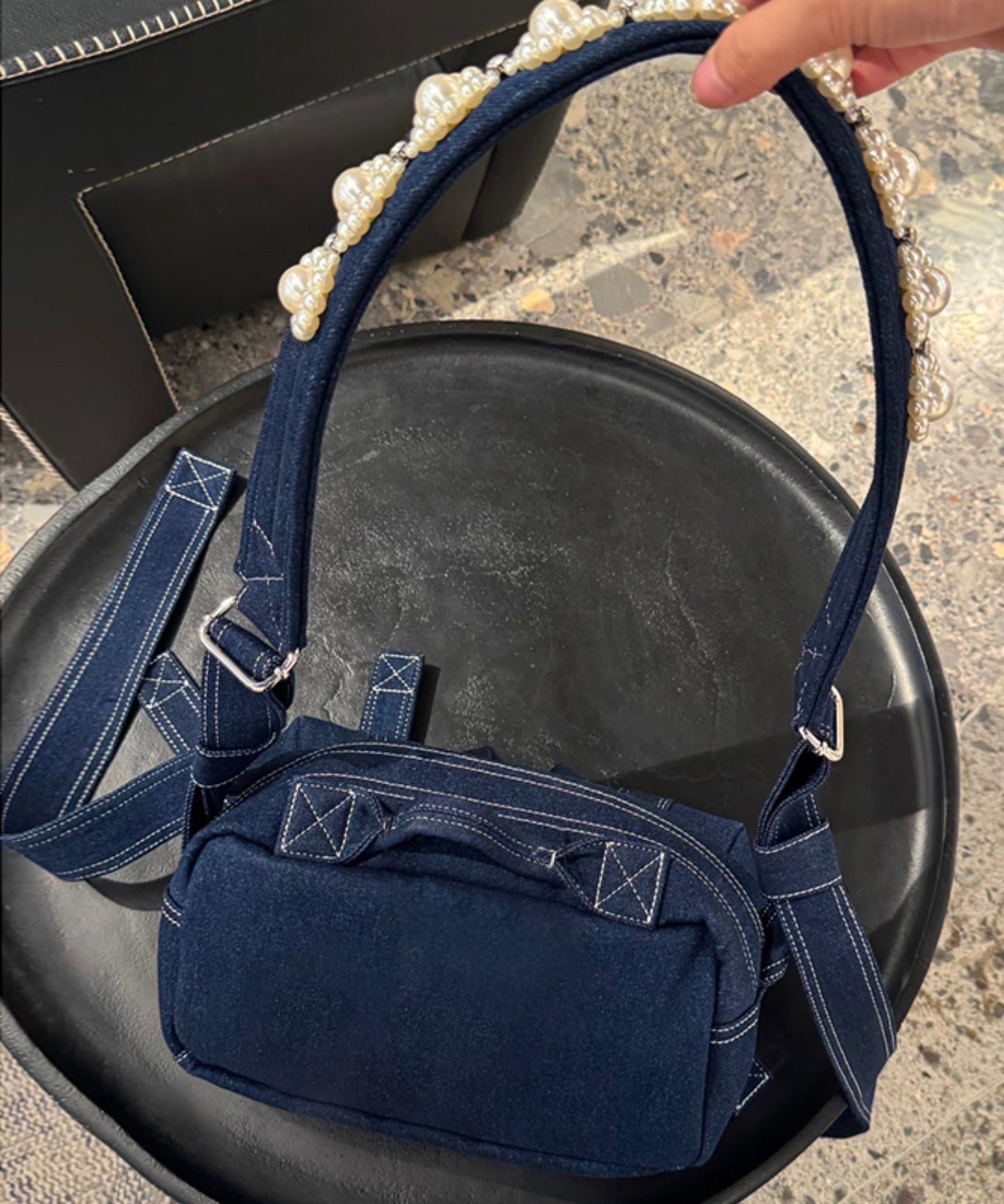 New Denim Blue Versatile Bow Pearl Shoulder Bag