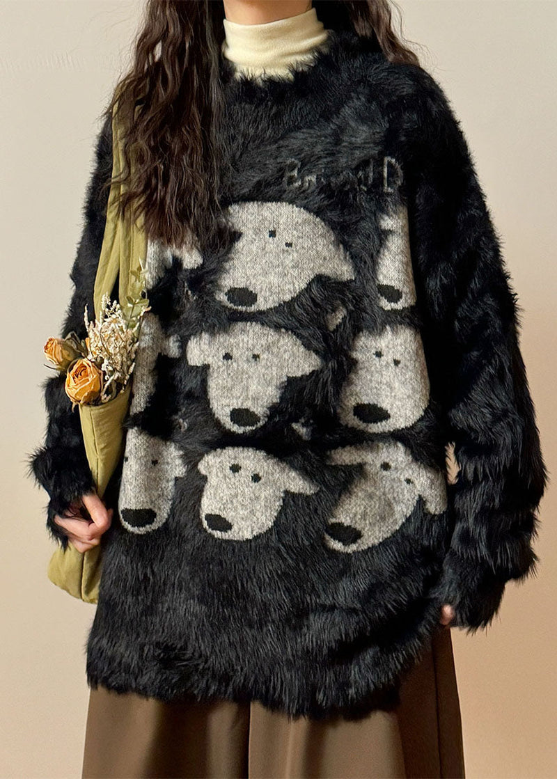 Black O Neck Dog Head Cozy Mink Velvet Sweater Spring