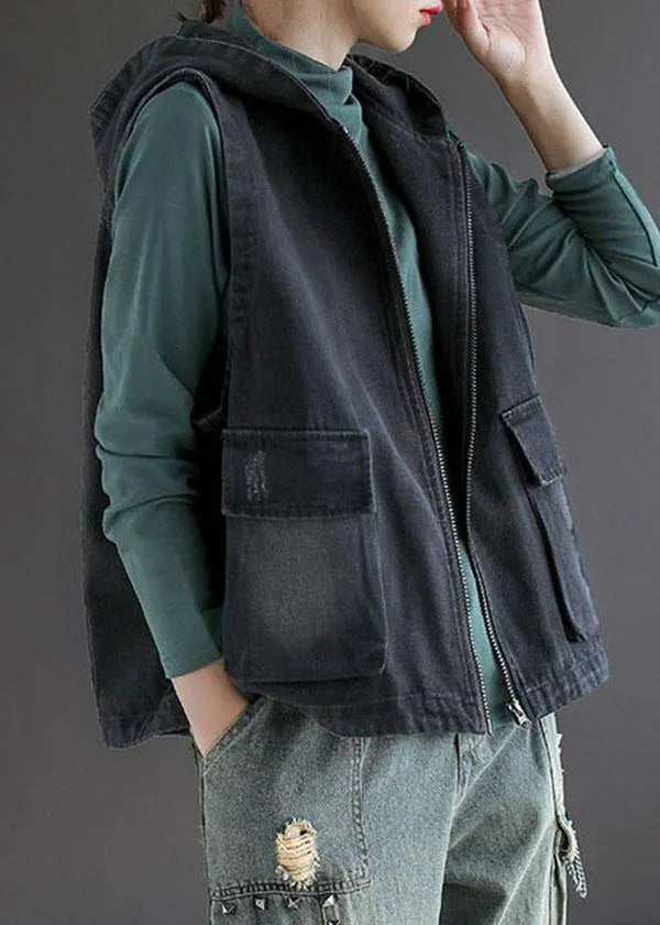 French Black Denim Hooded Patchwork Fall Waistcoat Sleeveless