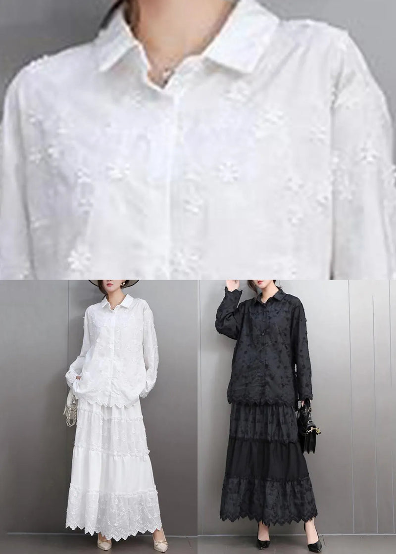 Black Lace Top and Maxi Skirts Two Pieces Set Peter Pan Collar Fall