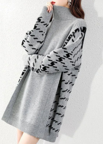Black O-neck Patchwork Knit Sweater Dress Winter