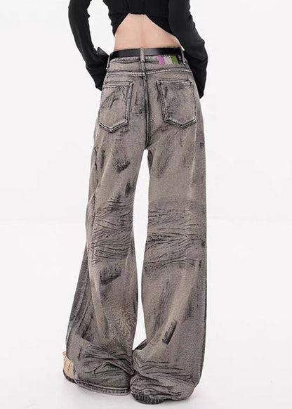Grey Pockets High Waist Denim Fall Wide Leg Pants Tie Dye