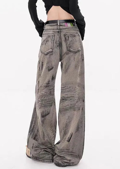 Grey Pockets High Waist Denim Fall Wide Leg Pants Tie Dye