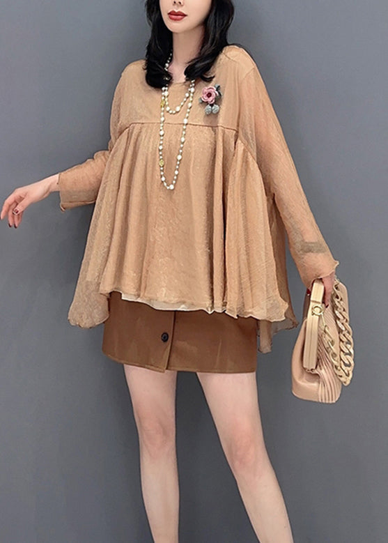 Loose Khaki O-neck Patchwork Tulle Tops Long Sleeve