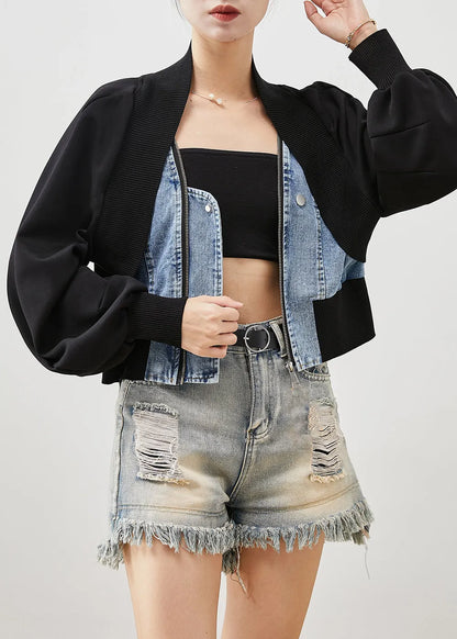 Black Oversized Patchwork Denim Fake Two Piece Coats Spring