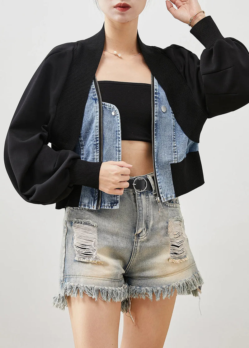 Black Oversized Patchwork Denim Fake Two Piece Coats Spring