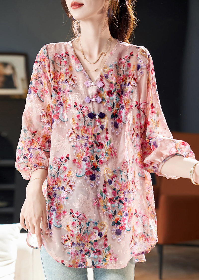 Pink V Neckprint Chiffon Shirt Bracelet Sleeve