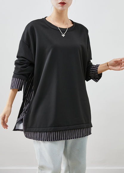 Black Oversized Patchwork Striped Cotton Sweatshirt Fall