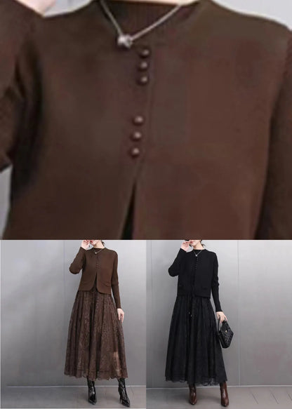 Coffee O-neck Waistcoat and Lace Maxi Skirts Two Pieces Set Spring