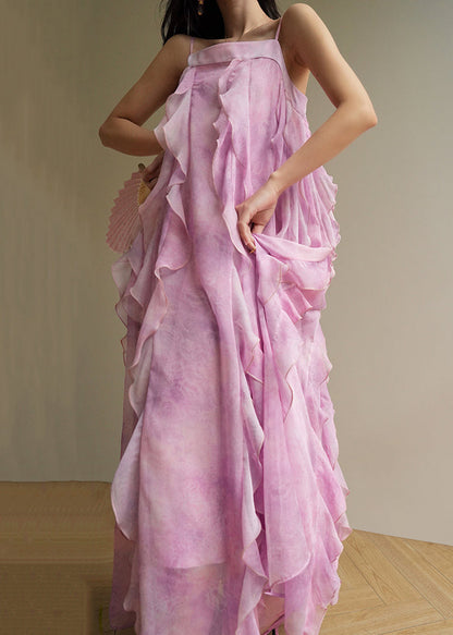 Pink Ruffled Chiffon Spaghetti Strap Dress Sleeveless