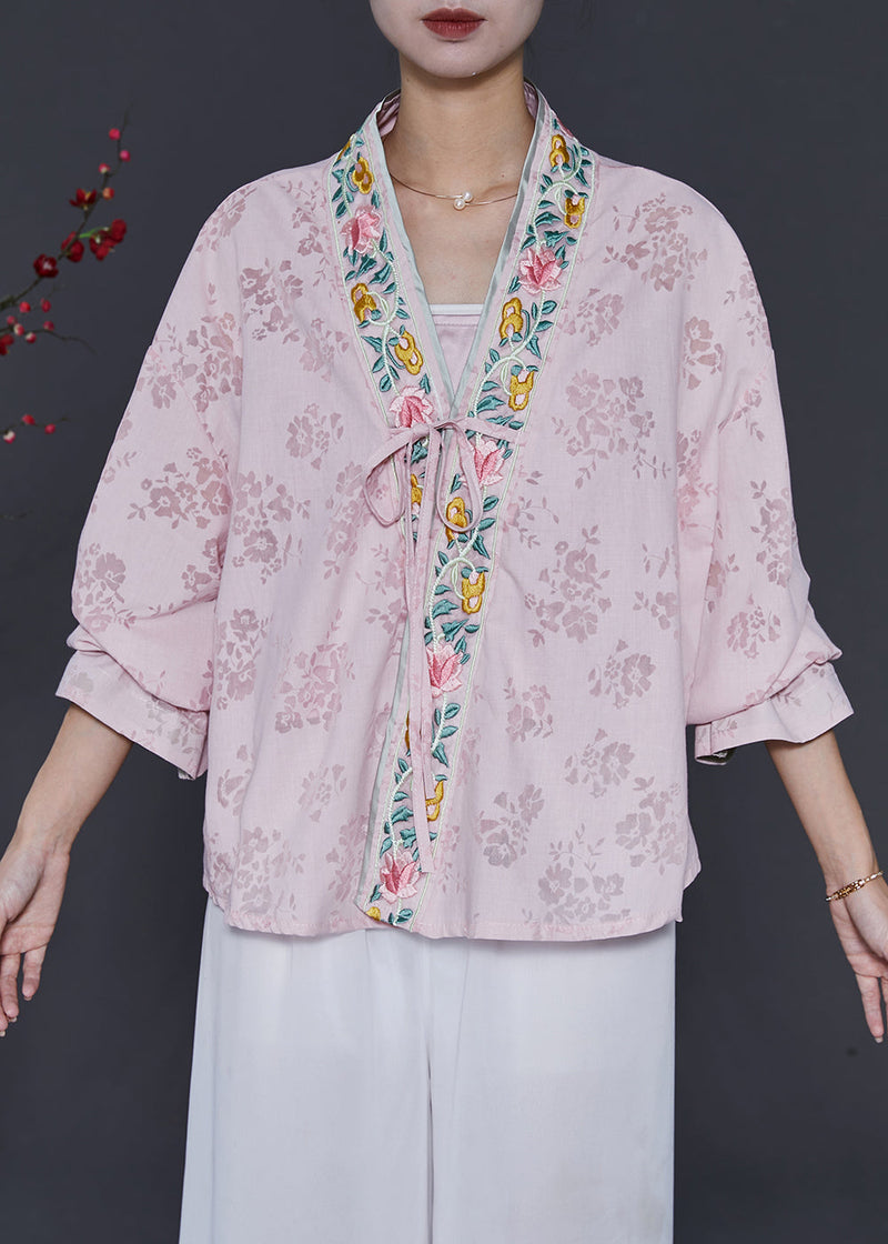 Pink Embroidered Lace Up Silk Cardigans Spring