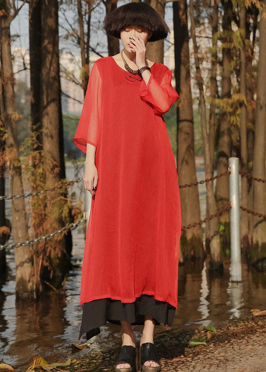 Red Side Open Pockets Cotton Long Dress Three Quarter Sleeve