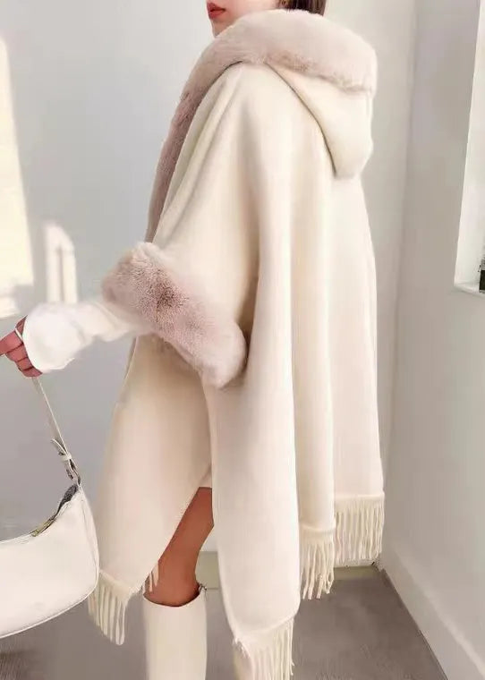 Plaid Hooded Tasseled Patchwork Warm Fleece Cape Coat Half Sleeve