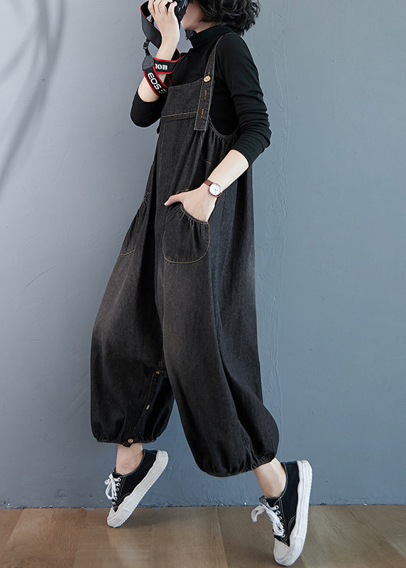Black Wear on Both Sides Denim Jumpsuit Oversized Pockets Summer