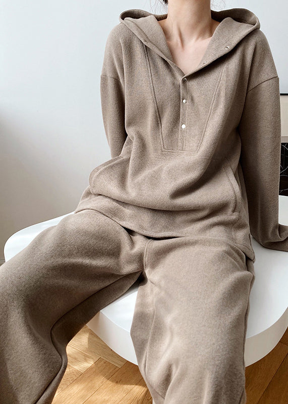 Loose Grey Hooded Tops and Pants Cotton Two Pieces Set Fall