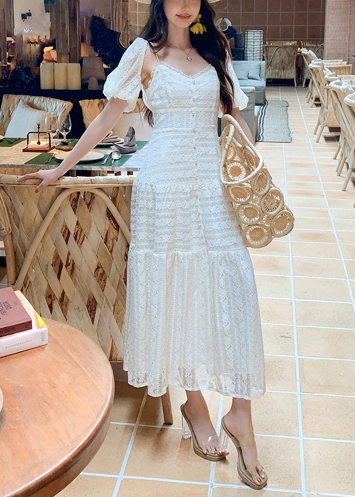 Stylish White V Neck High Waist Lace Two-piece Set Summer