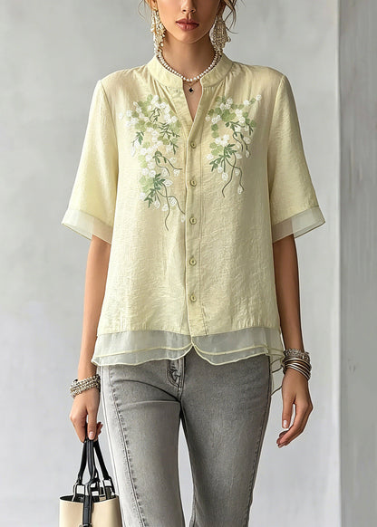 Boutique Light Green Embroidered Button Shirt Summer