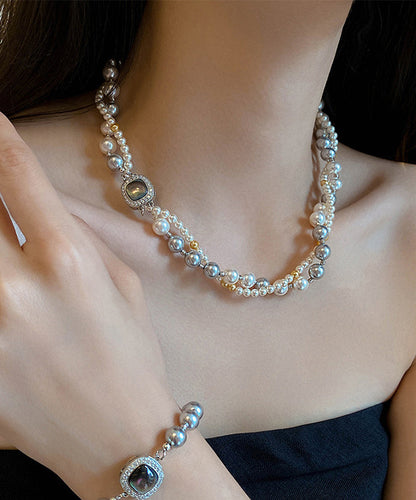 New Colorblock Alloy Zircon Double Layer Pearl Gratuated Bead Necklace
