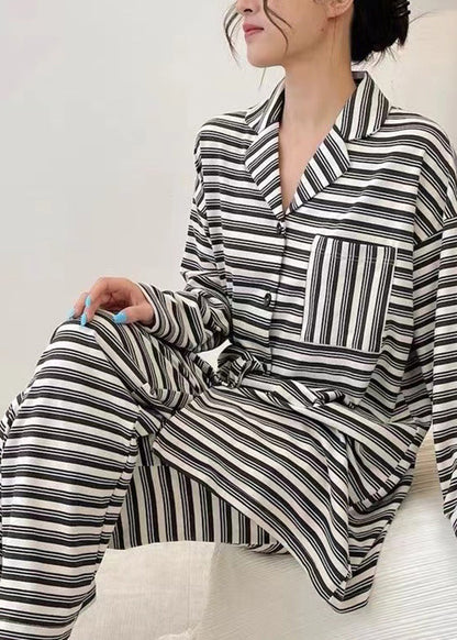 Black Striped Patchwork Cotton Two Piece Set Long Sleeve