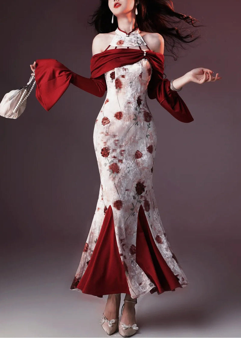 Red Print Patchwork Silk Velvet Fishtail Dresses Flare Sleeve