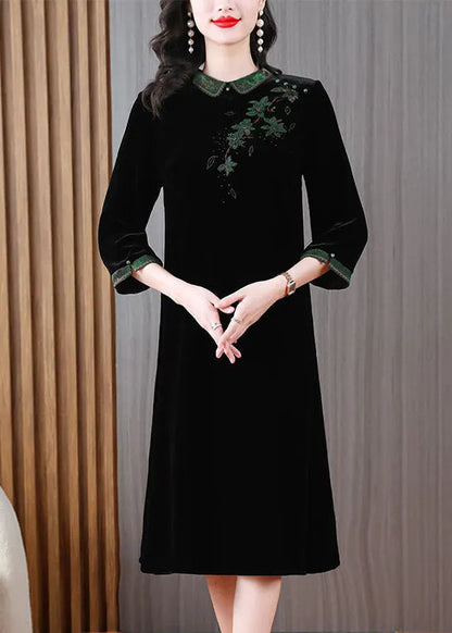 Green Peter Pan Collar Embroideried Silk Velour Long Dress Long Sleeve