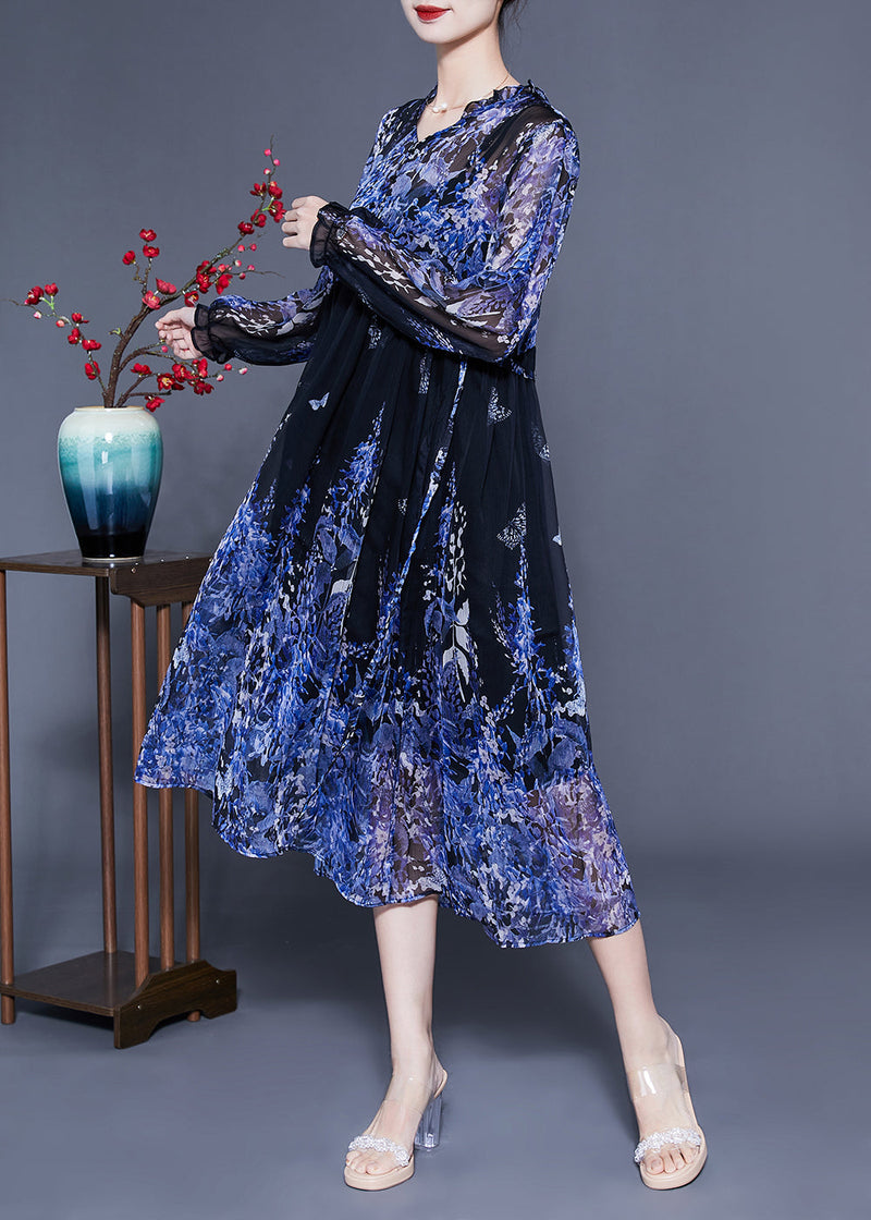 Blue V Neck Ruffled Print Chiffon Holiday Dresses Two Piece Set Summer
