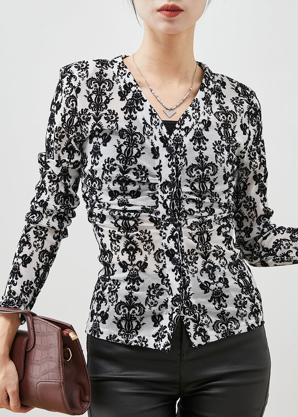 Black Jacquard Silm Fit Cotton Blouses Spring